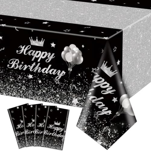 4 Stück Happy Birthday-Partytischdecken in Schwarz und Silber – Party-Dekoration in Silber und Schwarz, Kunststoff-Tischdecken, rechteckige Tischabdeckungen für Jungen, Mädchen Geburtstage, 130x220cm