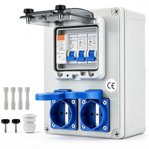 Baustromverteiler Wandverteiler mit FI Schutzschalter 25A und LS Schalter C16A, 2x 230V Schuko Steckdosen, IP67 Wasserdicht für Baustelle Werkstatt Außenbereich