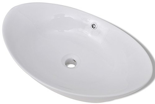 Festnight Oval Keramik Waschbecken Waschtisch Badezimmer Becken Keramikspülen mit Überlauf 59 x 38,5 cm