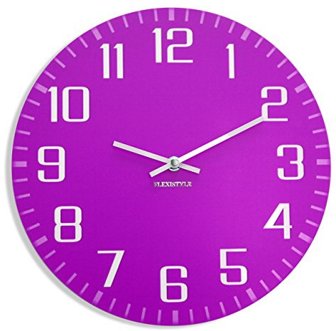 FLEXISTYLE Moderno Orologio da Parete Ultra Silenzioso Facile 30cm Viola, Soggiorno, corridoio, Ufficio, Made in EU