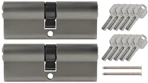 Löwen Sicherheit 2x Profilzylinder 90 mm 45/45 gleichschließend inkl. 10 Wendeschlüssel, Metallic Silber Grau