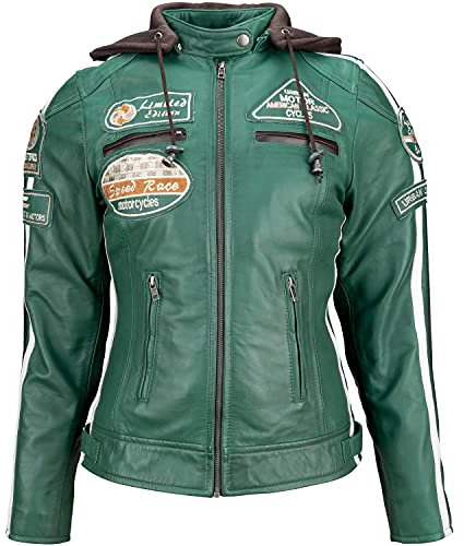 URBAN 5884 Chaqueta de moto para mujer con protectores, de piel de cordero, con protectores de espalda, hombros y codos. | Verde oscuro | Small