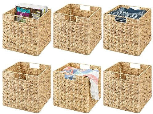 mDesign Set of 6 Storage Basket – Foldable Water Hyacinth Storage Box – Basket Storage Unit Ideal for Storing Clothes, Toys or Magazines – with Wickerwork Pattern – Natural