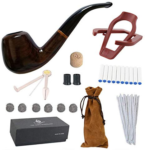 Tobacco Smoking Pipe, KamaLM Wooden Pipe with Pipe Scraper, Stand Holder, Pipe Cleaner, Box and Other Pipe Accessories, Great Gift for Grandfather Father Husband Boyfriend Smoker
