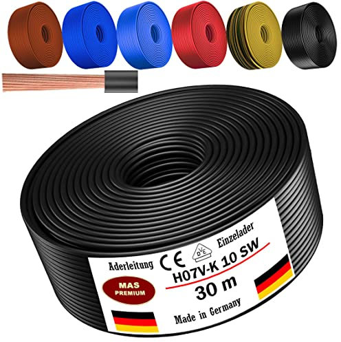 Cavo unipolare H07 V-K 1 x 10 mm² nero, marrone, blu scuro, verde, giallo chiaro o rosso, cavo singolo flessibile 5 m, 10 m, 20 m, 25 m, 30 m, 40 m, 50 m fino a 100 m (nero, 30 m)