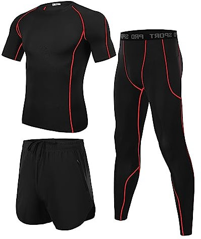 Wayleb Ensemble Compression Homme Tenue Sport Fitness Maillot Serré Tee Shirt Compression Legging Pantalon Jogging Vêtement Running 3 Pièces,X-Large+Noir