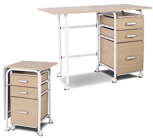 COSTWAY Escritorio Plegable para Ordenador, Escritorio con 3 Cajones Removibles y Ruedas Bloqueables, Mesa de Madera Moderna y Salva Espacio para Dormitorio y Oficina (Natural)