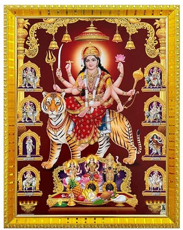 Koshtak Nav Durga Ambe Sherawali mit Laxmi Kali Saraswati Bilderrahmen mit glänzender Laminierung auf Poster mit goldenem Rahmen für Puja-Raum/Tempel/Wandbehang/Geschenk/Heimdekor/Anbetung, Größe 30
