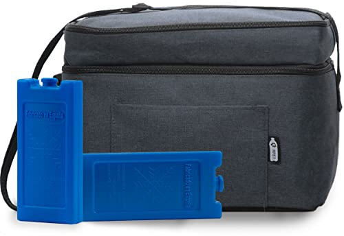 Bolsa nevera 15L para llevar comida y bebida con dos acumuladores de frio. Bolsa termica porta alimentos. Nevera portatil. Nevera playa. Bolsa para comida trabajo. Bolso de almuerzo. (Gris)