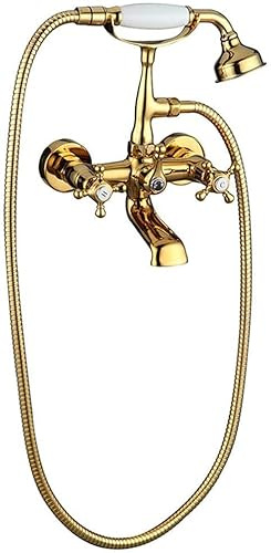 YRUIIA Retro Wannenarmatur Badewanne Wandmontage Armatur Badewannen Duschsysteme Duscharmatur Wasserhahn Kreuzgriff Badewanne Wasserhahn Wannenarmatur mit Badarmatur für Badezimmer-Golden-A.