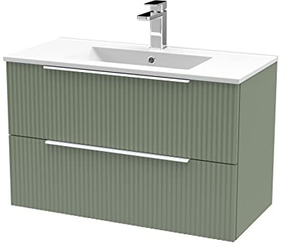 Hudson Reed DFF895B Fluted Modern Bathroom Wall Hung 2 Drawer Vanity Basin Unit with Minimalist Ceramic Basin, 800mm, Satin Green