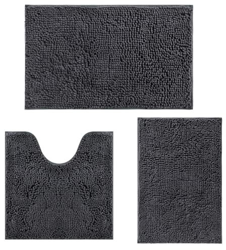 RUN HELIX Bath Mat - Non Slip Anti Mould, Dark Grey Shaggy Absorbent Machine Washable Bathroom rug Set with U-Shaped Pedestal Mat