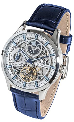 Carl von Zeyten Freiburg Automatik Herren Armbanduhr aus Edelstahl und Leder in der Farbe Silber-Blau 44mm, Wasserdichtigkeit: 10Bar, CVZ0063SLS