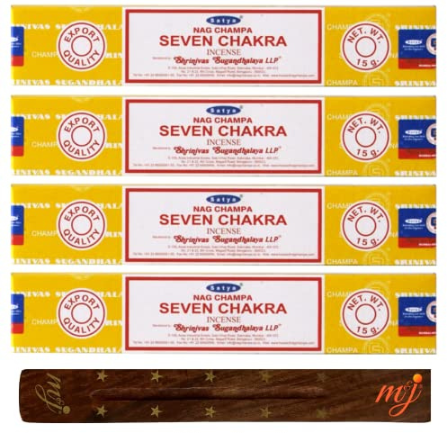 Original Satya Nag Champa Seven Chakra Incense Sticks | with M&J incense sticks holder | x4 pack | for Aromatherapy, Spa, Yoga, Weddings, Meditation, Healing, Positivity and Relaxation