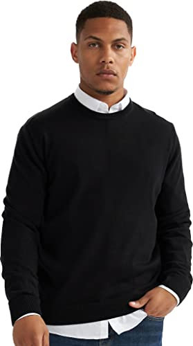 alsestudio Men`s Crewneck Jumper 100% Cotton Premium Quality Soft Touch Long Sleeve Pullover Essential Style Knitted Sweaters for Men Black-X-Large