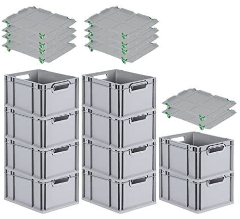 PROREGAL SparSet 10x Eurobox NextGen Grip mit Auflagedeckel & 4 grünen Schiebeschnappverschlüssen, HxBxT 22x30x40cm, 20 L, Grau, Griffe offen, Eurobehälter, Transportbox