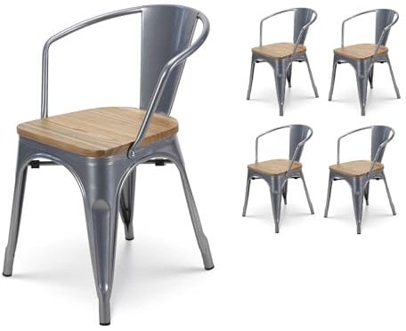 Kosmi Lot de 4 chaises en métal Gris argenté Style Industriel avec Assise en Bois Clair - avec accoudoirs