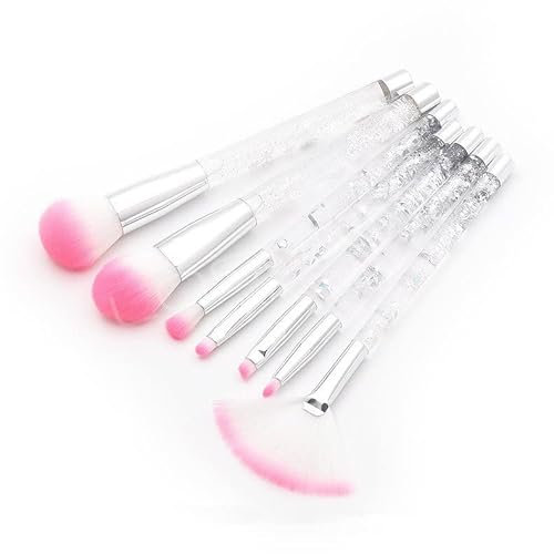 Juego de 7 brochas de maquillaje con mango de partículas de diamante de cristal transparente con diseño de arena movediza y lentejuelas (mango de arena movediza, pelo rosa sobre fondo blanco)