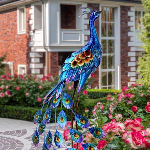 Kircust Pfauen-Gartenstatue und Skulptur, Metall-Pfau, Hofkunst, Dekoration, stehender Vogel, Outdoor-Skulpturen für Terrasse, Hinterhof, Rasen, Heimdekoration