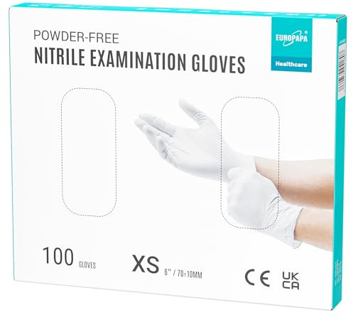 EUROPAPA® 100 Guantes De Nitrilo En Caja Blanca, Desechables, De Examen, Sin Látex, No Estéril (XS, Blanco)
