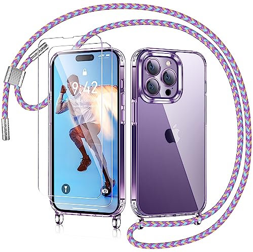 AROYI Handykette für iPhone 14 Pro Max Hülle mit Band Und 2 Stück Schutzfolie, Transparent Ultra Hybrid Handyhülle für iPhone 14 Pro Max mit Kette zum Umhängeband Abnehmbar Stossfest - Violett
