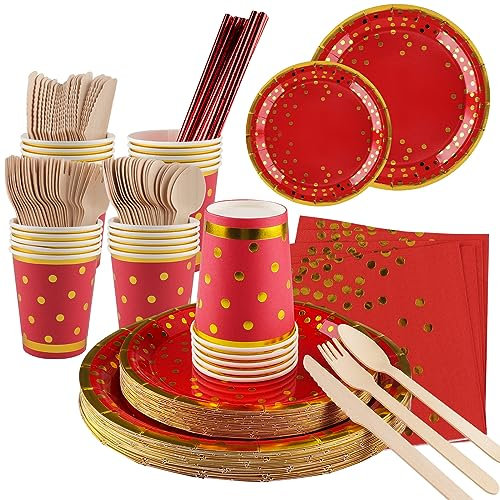 ZEEREE Vajilla de Fiesta, 175 piezas Puntos Set de Juego de Platos y Cubiertos, Cubertería de Cartón Vasos y Servilletas para Cumpleaños,Aniversarios (25 Invitados) (Rojo rosa) (PARTYTZ)