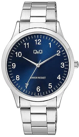Q&Q Herren-Uhr Edelstahl Gliederarmband 3 Bar Analog Quarz (silberfarbig blau)