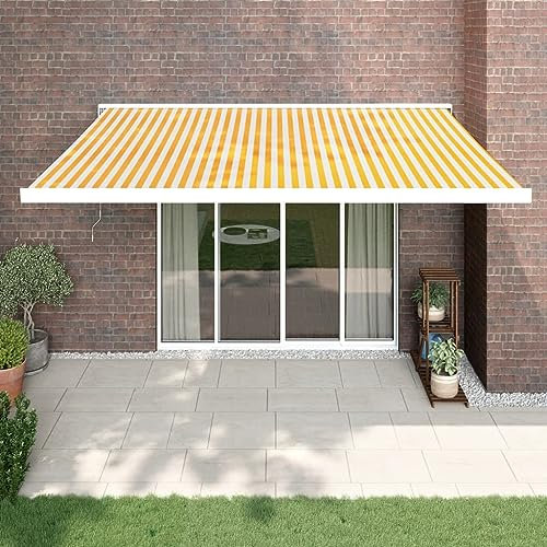 Homgoday Gelenkarmmarkise Markise Sonnenmarkise Balkonmarkise Einziehbare Markise Wandmontage Terrassenmarkise Sonnenschutz für Balkon Terrasse Gelb und Weiß 4x3 m Stoff und Aluminium