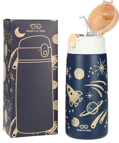 Made For Kids | Gourde pour enfants avec paille pour filles et garçons - 480 ml - Bouteille d'eau en acier inoxydable pour l'école, isolée, anti-fuite, froid chaud (style : espace)