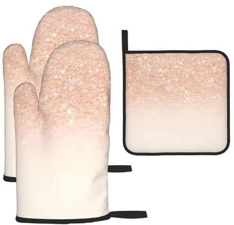 Rose Gold Faux Glitter Insulated Gloves And Pot Lid Pads 3-Piece Set For Kitchen Cooking Bbq Baking Gifts