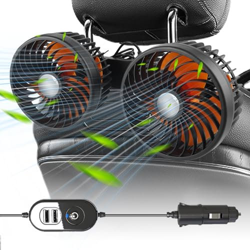 Auto Ventilator 12v Für Rücksitz, 360 Grad Drehbar, 5v Doppelkopf Auto Ventilator, Kfz Lüfter Auto Ventilator, Mini Ventilator, Tragbare 360 °Drehbarer Auto Fan Für Fahrzeuge Wie Limousine, Suv, Rv