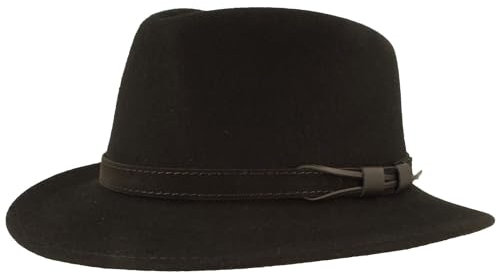 Breiter Outdoor Filz-Hut - Trekking Wollhut Aus 100% Wolle - Wasserabweisend Faltbar Mit Ledergarnitur - Schwarz 57
