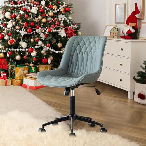 YOUNIKE Armless Office Chair Swivel Desk Chair with Wheels Rolling Computer Task Chair with Back Upholstered Faux Leather Height Adjustable Modern Ergonomic Seat, Greyish Green