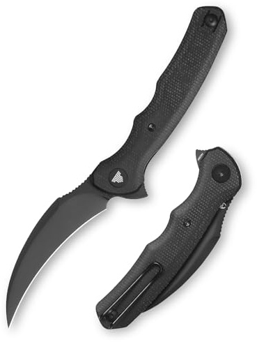 TRIVISA knives - Lacerta-04B |Hawkbill EDC Pocket Flipper Knife for Men, Folding Pikal Knife with Reversible Wire Clip, 3.34 PVD Blackwash 14C28N Steel Blade & Micarta Handle
