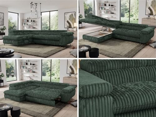 MKS MEBLE Cord Sofa L, Wohnlandschaft L-Form mit Schlaffunktion und Bettkasten, Schlafsofa mit Bettkasten, Ecksofa, Sofa mit Einstellbare Kopfstützen, Pedro L - Grün Cord - Links