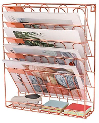 Akten-/Dokumenten-Organizer, Zeitschriftenhalter, Büro-Hängemappen mit 6 Fächern, an der Wand montierte Organizer-Regale aus Metallgeflecht (Pink)