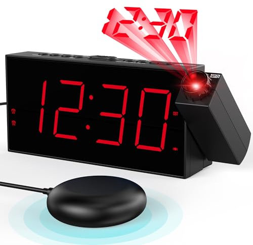 Wecker mit Projektion, Lauter wecker für Schwerschläfer, Hörgeschädigte, Gehörlose, Projektionswecker für Schlafzimmer, Decke, Wand, 3 Weck-Modi, Dimmer, Snooze, 5-Stufe-Lautstärke, Batterie Backup