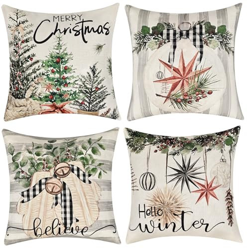joyoldelf Cuscini Natalizi per Divano - 45x45 cm 4 Pack Copricuscini Natale Decorazioni, Oggetti Decori Natalizi per la Casa, Centrotavola Cuscino d'Arredo Natalizio Cotone Biancheria Arredo