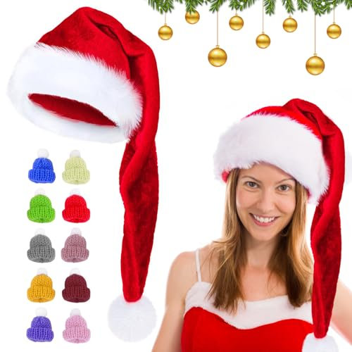 Booaee Weihnachtsmütze,Lang Weihnachtsmütze,75cm Plüsch Nikolausmütze Rot Weihnachtsmützen Erwachsene Santa Mütze Dickem Fellrand Weihnachtsmann Mütze mit 10 Stück Mini Weihnachtsmütze Damen Herren