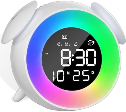VLICHT Wecker Kinder Digital, Kinderwecker Schlaftrainer, LED Digitaluhr mit Doppelalarm, 10 Farblichten, Snooze, Werktagsmodus, 7 Klingeltöne, 12/24Std, Lichtwecker Für Mädchen Jungen