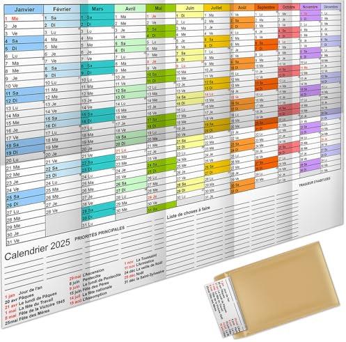 AEYAKA Calendrier mural 2026 Grand Calendrier Annuel A1 planificateur avec Aperçu des Jours Fériés Semaines du Calendrier plié 57 cm x 87 cm Français (Couleur 25)