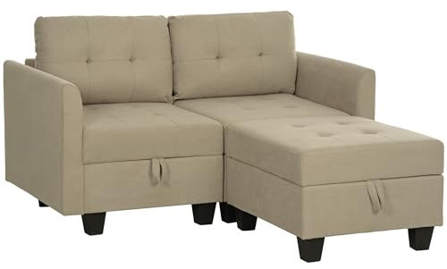 HOMCOM Convertible Modular Sectional Sofa with Storage, Tufted 2 Seater Sofa Set, L Shaped Couch with Ottoman, Wood Frame for Living Room, Light Brown
