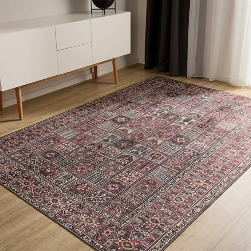 benuta Basic Waschbarer Teppich George - Multicolor/Rot 120x170 cm - Kunstfaser - Rechteckig & im Style: Vintage, Elegant, Retro - Pflegeleicht für Wohnzimmer Schlafzimmer
