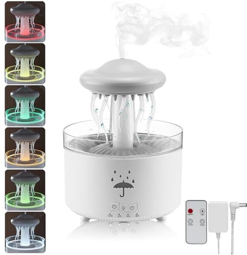 Humidifier for Bedroom, Rotating Umbrella Diffuser with Rain Drop Effect 7-Color LED, 300ML Small Humidifier with Remote & Timer, Funny Rain Humidifiers Gift for Family and Friends (White 1)