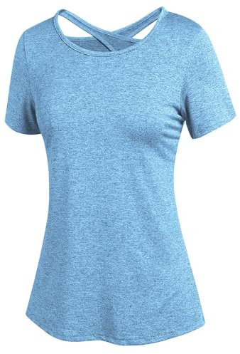 PINSPARK Damen Sport T-Shirt Kurzarm Funktionsshirt Rückenfreies Sportshirt Laufshirt Oberteile Leicht Fitness Oberteil Yoga Workout Gym Top Hellblau S