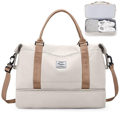 Reisetasche Damen Handgepäck Tasche Sporttasche Weekender Bag Schwimmtasche Wasserdicht Travel Bag Duffle Bag Fitnesstasche Trainingstasche Krankenhaustasche mit Schuhfach,J11-Beige Braun