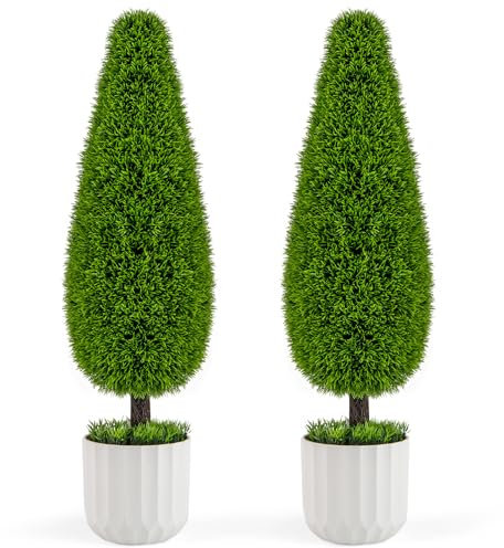 COSTWAY Juego de 2 Piezas de Arbusto Artificial de Cedro en Forma de Gota de 90 CM, Planta Topiaria en Maceta con Vides Plásticas, Árbol Artificial Verde para Interior y Exterior para Hogar Oficina