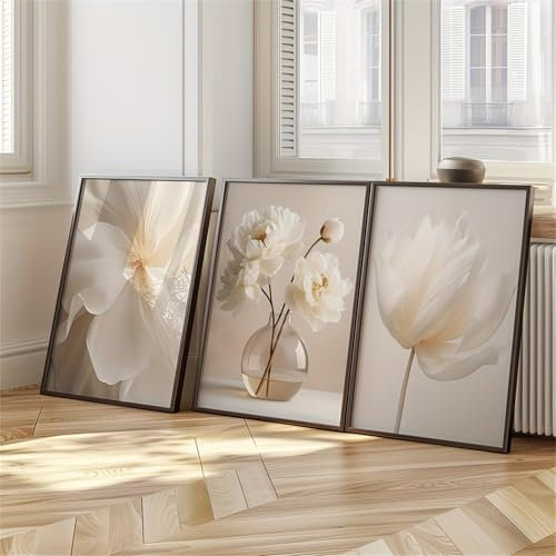 AQCQDQ 3er Beige Poster Set, Boho Weiße Blumenbilder, Modern Premium Beige Wandbilder, Natur Leinwandbilder für Wohnzimmer Schlafzimmer – Ohne Rahmen (40x50 cm,E)
