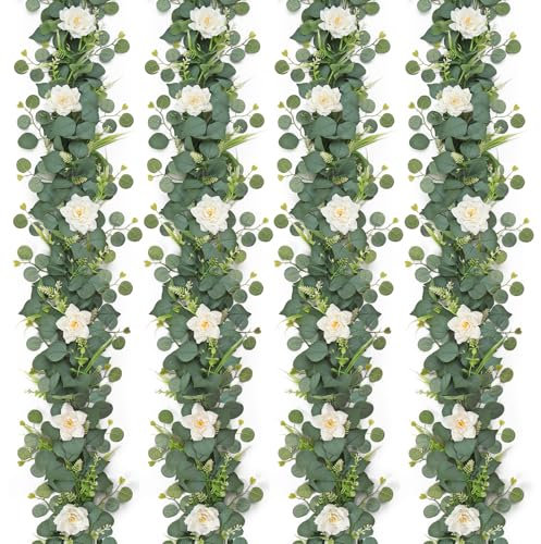 ASTNIC 4Pcs 24.8ft Artificial Eucalyptus Garland With White Flowers, Fake Greenery Hanging Vines Garland, Faux Leaves Green for Home Garden Wedding Arch Table Wall Backdrop Wreath Decoration