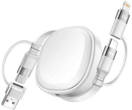 Minlu 65W Multi Charger Cable Fast Charging, 5 in 1 Retractable Charging Cable, Multi USB Charging Cable with Data Transfer, USB C to USB C[65W]+Lightning[27W] for iP,iPad,Samsung,Ps4/5,Tablets